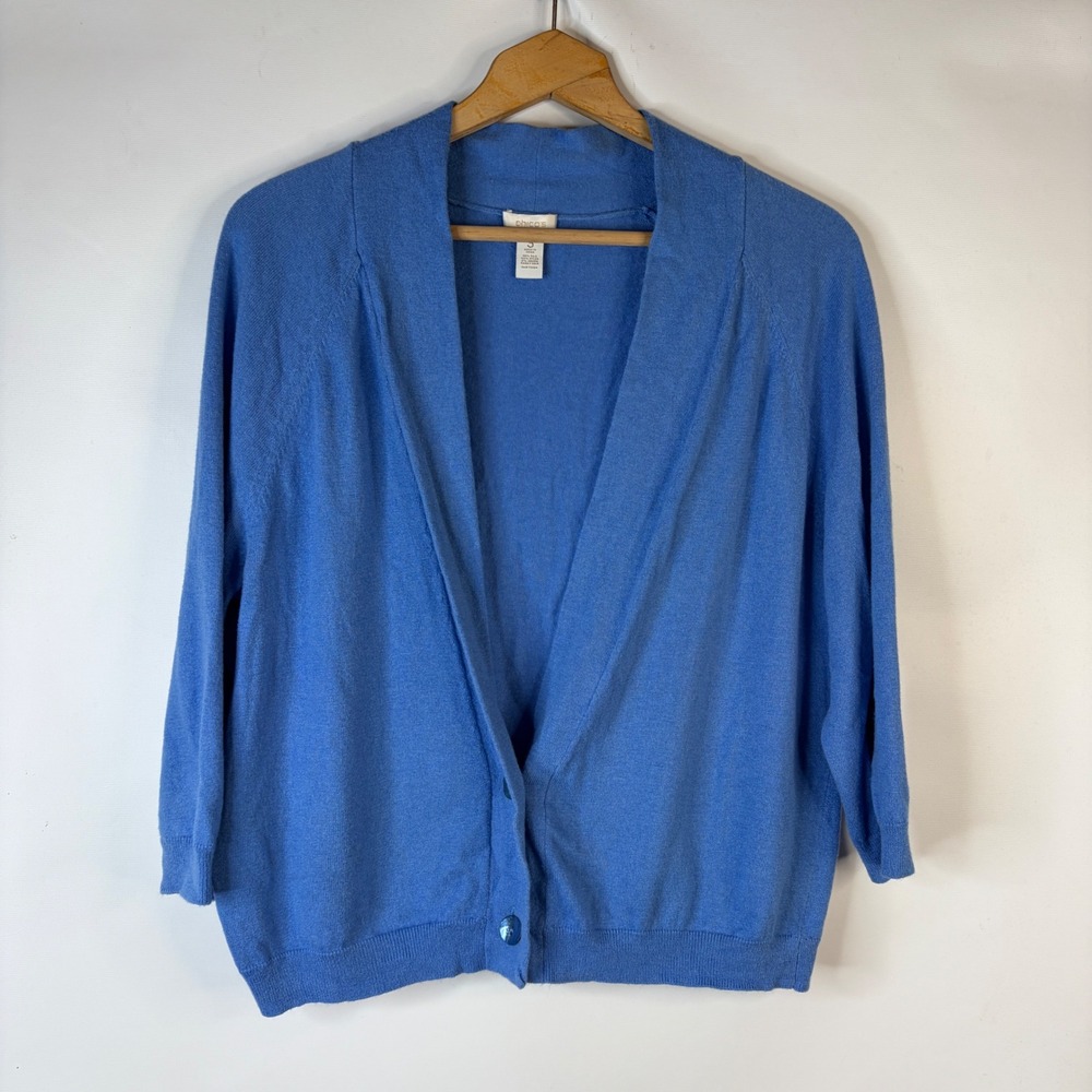 Chico's Cardigan Sweater Women Size 3 Blue Silk Angora V-Neck 3/4 Sleeve Ribbed
